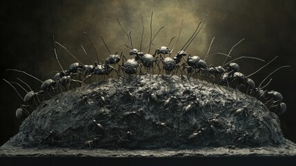Artistic representation of a statue symbolizing the 150 million years of ants' civilization, blending nature and history in a monumental sculpture.