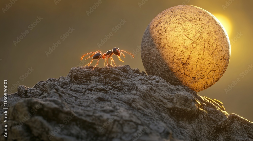 Poster Artistic representation of an ant rolling a stone uphill on a mountain, depicting a mythological metaphor of relentless perseverance.