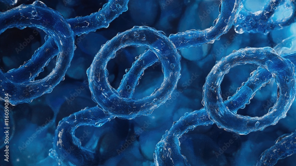 Poster artistic representation of blue dna helixes swirling in circles, symbolizing the complexity of genet