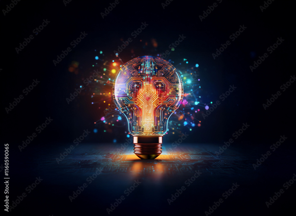 Poster a vibrant light bulb glows, its filament a burst of colorful digital energy, symbolizing innovation 