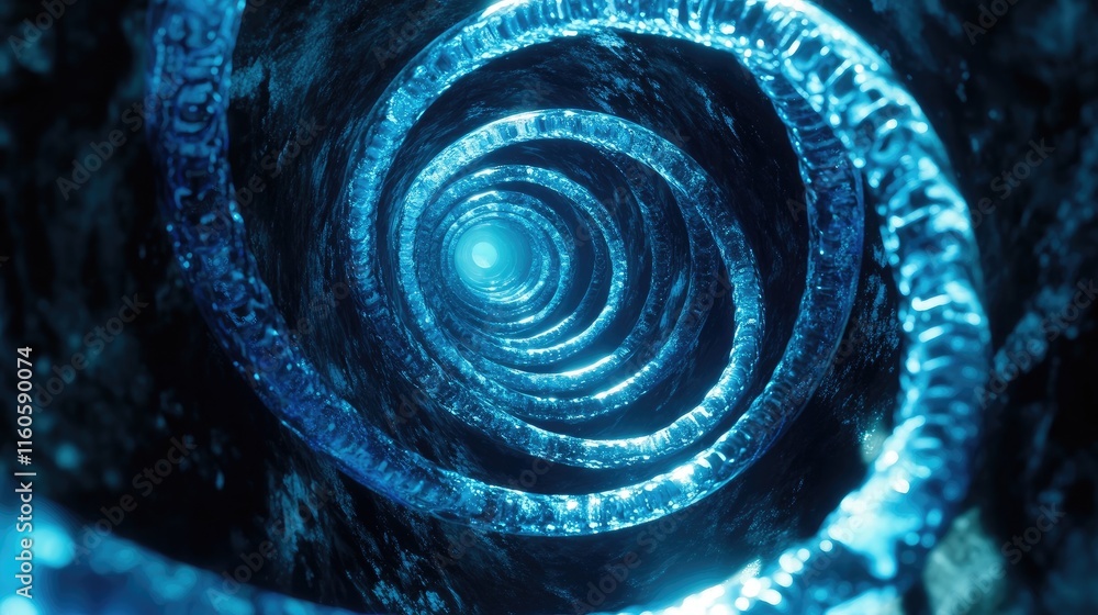 Poster artistic representation of blue dna helixes swirling in circles, symbolizing the complexity of genet