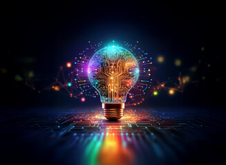 A vibrant, glowing lightbulb, composed of circuit board patterns, sits on a technological surface, radiating colorful energy.  It symbolizes innovation and technological advancement.