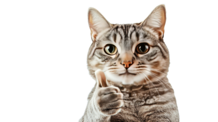 Thumbs Up Kitty: Adorable tabby cat gives a cheerful thumbs up, showing approval and positive vibes. Perfect for pet-related projects, blogs, or social media.