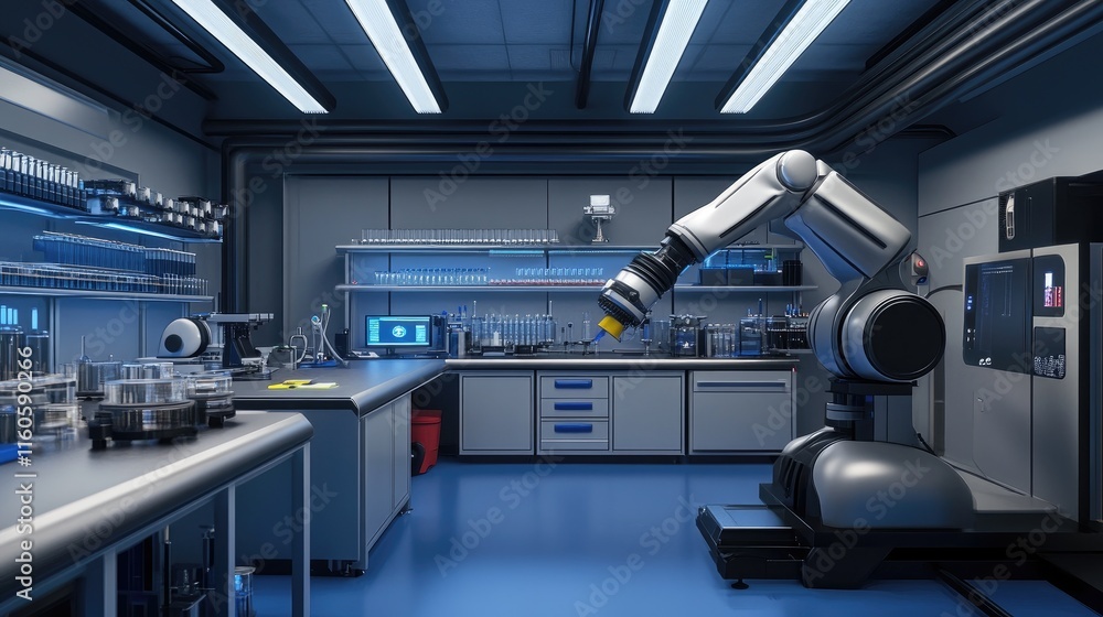 Aufkleber Automated laboratory environment where robots and machines work together to perform complex experiments and data analysis.