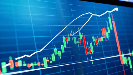 経済データを反映したローソク足グラフとトレンドラインが特徴のクローズアップ.生成AI