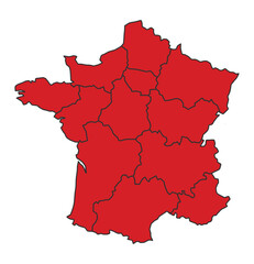 France Red map with border of regions outline vector