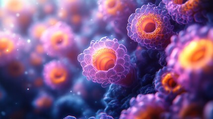 Fototapeta premium Microscopic view of vibrant, bioluminescent coral polyps.