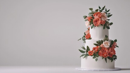 Fototapeta premium Elegant Wedding Cake Display with Floral Accents Studio Setting Food Photography Minimalist Style
