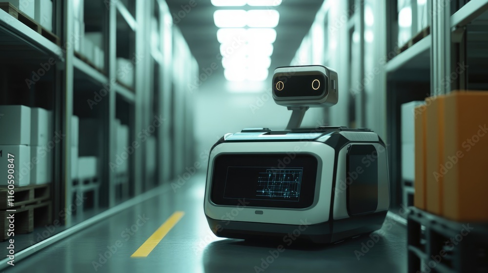 Poster automated robot working in an industrial warehouse facility, transporting goods and optimizing stora
