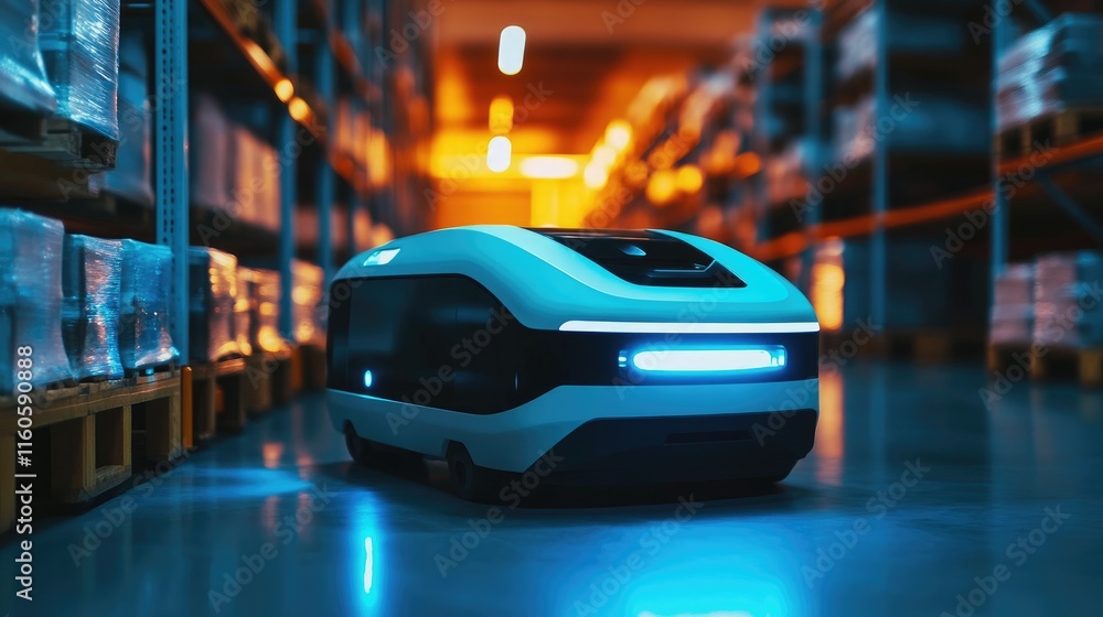 Poster Autonomous robot in an industrial storage facility, handling large pallets and improving warehouse efficiency.