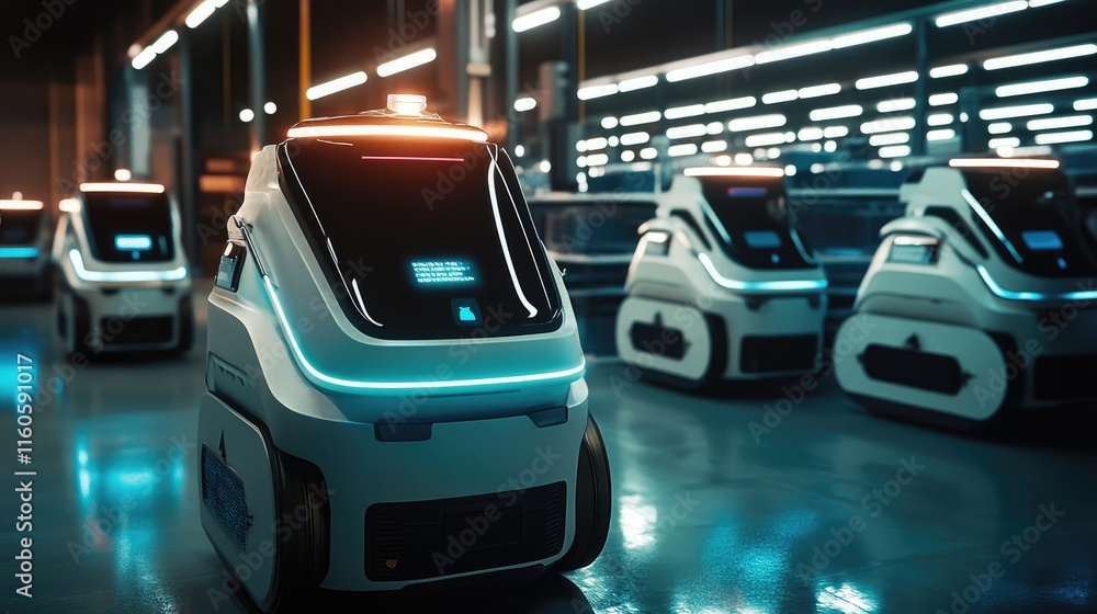 Aufkleber autonomous robots in a futuristic warehouse, navigating storage aisles to streamline logistics in a 