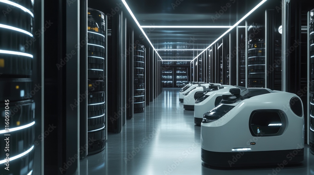 Poster Autonomous robots in a futuristic warehouse, navigating storage aisles to streamline logistics in a high-tech environment.