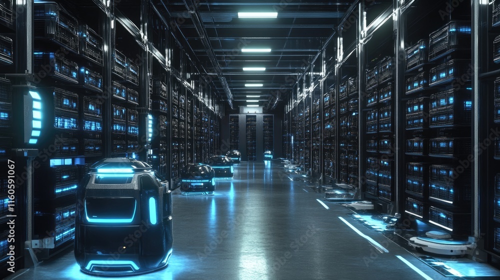 Poster Autonomous robots in a futuristic warehouse, navigating storage aisles to streamline logistics in a high-tech environment.