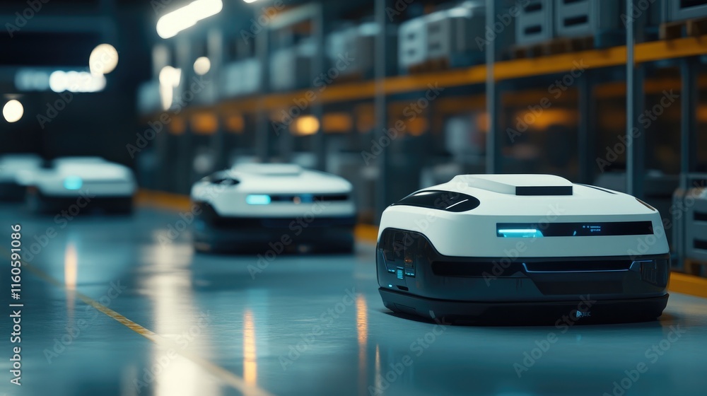 Poster autonomous robots in a futuristic warehouse, navigating storage aisles to streamline logistics in a 