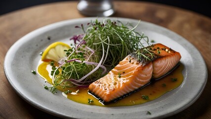 This elegant dish features a beautifully seared salmon fillet, garnished with fresh dill and zesty lemon wedges, creating a harmonious balance of flavors.