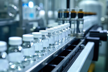 Obraz premium Amber glass bottles with capsules, neatly arranged on wooden shelves in a pharmacy or supplement store.