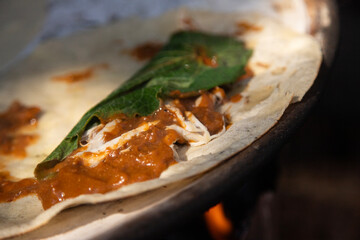 Mexican quesadillas with tomato, squash blossoms and hoja santa (piper auritum) cooked on a traditional griddle over fire.
