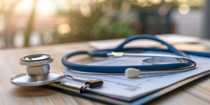 Close-up of a stethoscope on medical bills with a laptop and calculator in the background, highlighting healthcare costs.