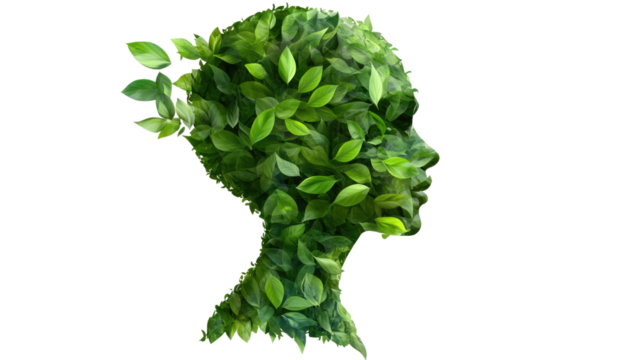 Leafy Mind: A profile of a woman formed from vibrant green leaves, symbolizing growth, nature, and renewal.  A conceptual image representing environmental consciousness, health.