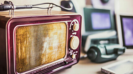 Close-up of vintage radio emitting static noise, contrasting with modern digital devices, symbolizing the shift from traditional to digital media.