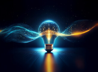 A glowing lightbulb, emitting energy waves, symbolizes innovation and new ideas.  The vibrant blue and orange hues depict creativity and power.