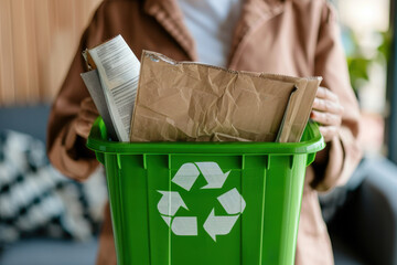 Four colorful recycling bins overflowing with assorted waste and recyclables in an outdoor setting.