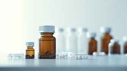 Bottles and pills for pharmaceutical research, showcasing a clean, organized setting with space for additional information.