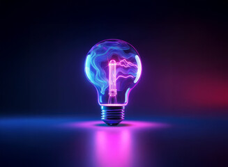 A glowing lightbulb, filled with vibrant pink and blue energy, sits on a reflective surface.  Surrounding it is a dark, moody atmosphere.