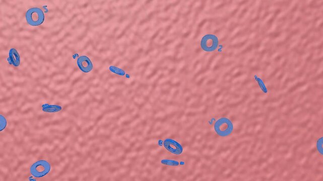 Multiple shiny hydrogen or oxygen gas particles floating slowly in the air. Photorealistic science, medical background 3D animation.