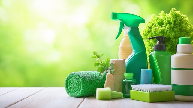 modern, eco-conscious cleaning service team with staff using green products to clean homes