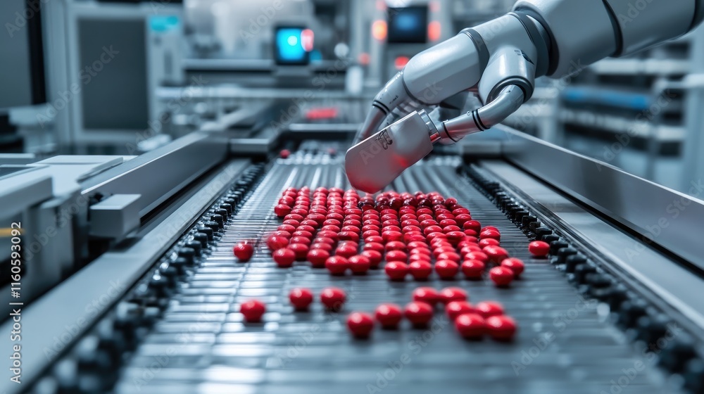 Poster close-up of a robot processing red pills on a conveyor belt in a pharmaceutical plant, symbolizing a