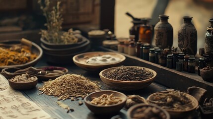 Fototapeta premium Close-up of an ancient Chinese medicine shop table with a variety of herbs, seeds, and natural materials, evoking historical medicinal practices.