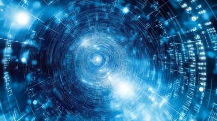 Mystical dark blue space with digital code streams and binary numbers