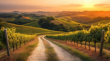 Obraz premium Sunset over rolling vineyard hills with dirt road.