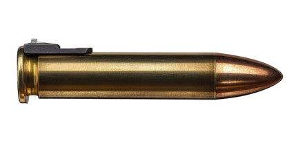 Fototapeta premium High-Caliber Cartridge: Close-up of a single, powerful rifle bullet, showcasing its intricate details and metallic finish. A powerful image for various contexts. 