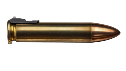 High-Caliber Cartridge: Close-up of a single, powerful rifle bullet, showcasing its intricate details and metallic finish. A powerful image for various contexts. 