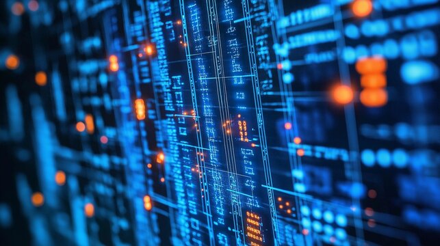 Mystical dark blue space with digital code streams and binary numbers