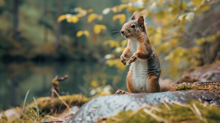Curious squirrel standing on rock by a lake in autumn forest.
