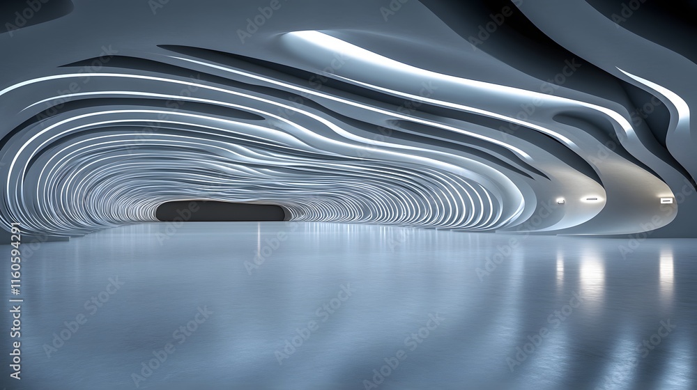 Poster modern abstract interior with fluid lines and soft lighting in a spacious and smooth environment, pe