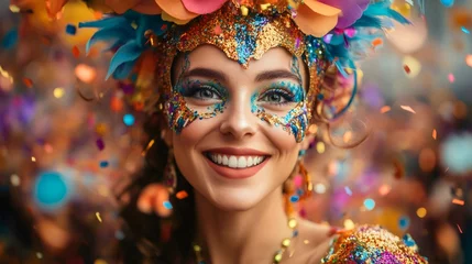 Brazilian carnival dancer smiling with colorful makeup and headdress