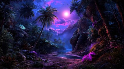 A captivating series of images featuring luminous alien forests, dense tropical jungles, and apocalyptic volcanic landscapes. These visuals combine glowing bioluminescent plants, vibrant alien ecosyst