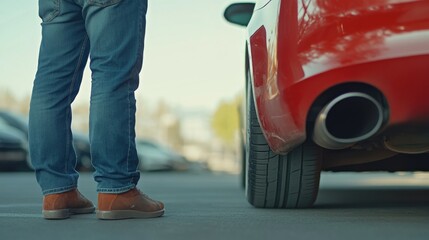 Car with a broken tailpipe in a parking lot. Featuring a worried owner