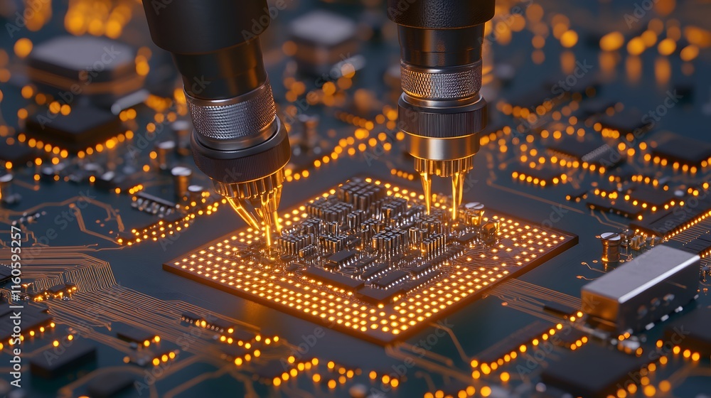 Poster close-up view of a modern microchip being soldered with precision tools and illuminated circuit boar