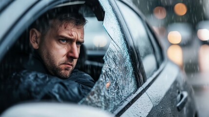 Car with a broken window during a storm. Featuring a concerned driver