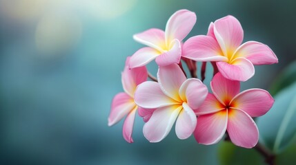 Fototapeta premium Pink plumeria flowers blooming in soft sunlight with blurred background