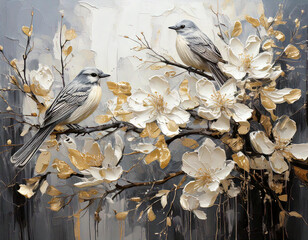 Gray birds on a branch, bird on a branch, brach with white flowers painting, oil paint wall art