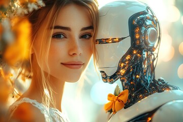 Happy woman in a weddin dress kissing with humanoid robot wearing a bow tie around his neck