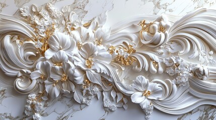 Baroque 3D Bas Relief Floral Wallpaper with Ornate Botanical Designs