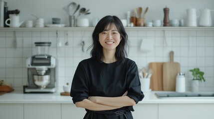 Portrait of smiling woman in the morning having coffee or tea in the modern white kitchen