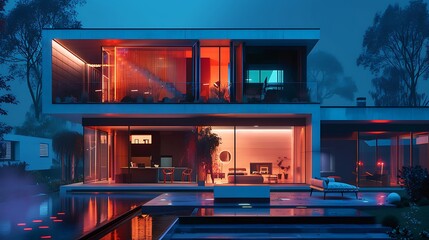 A futuristic smart home with automated systems controlling lighting, temperature, and security, all via a single interface